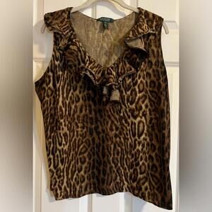 EUC Lauren animal print tank with ruffle neckline.
